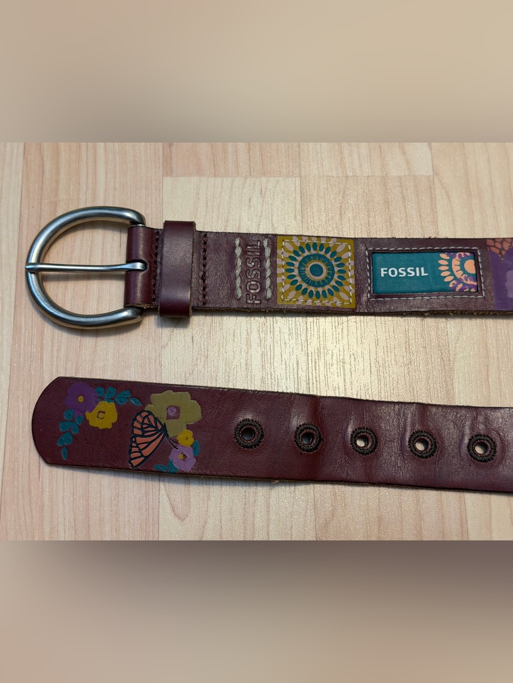Fossil Patchwork Vintage Brown Genuine Leather Women's Belt Size Medium - Picture 3 of 6